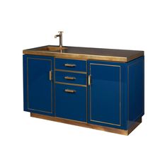 a blue cabinet with gold accents and a sink