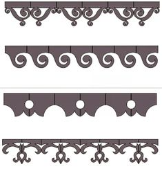 three different styles of decorative brackets with scrolls on the top and bottom, one in grey