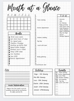 a black and white planner with the words, month at a glance