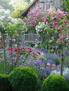 a garden filled with lots of flowers next to a wooden building and trees in the background