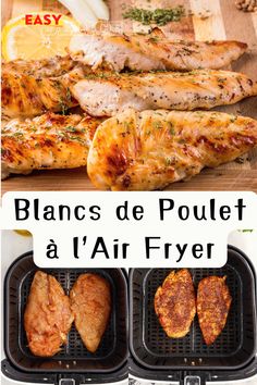 three different types of meats on top of a grill with the words blancs de poulet in french