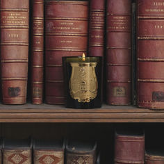 a candle sitting on top of a book shelf next to many red and brown books