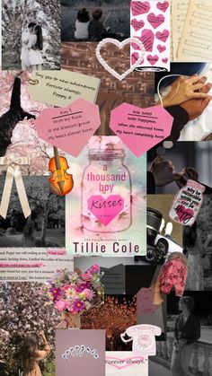 the collage has many different pictures and words on it, including pinks, black and white