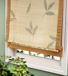 a window with a bamboo blind hanging from it's side in front of a potted plant