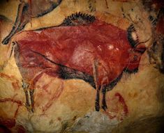 an artistic painting on the side of a cave wall with animals and plants painted on it