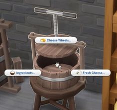 an animated image of a wooden barrel with cheese wheels on it and other items around the barrel