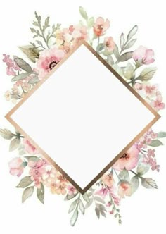 a square frame with pink flowers and leaves on the bottom, in front of a white background