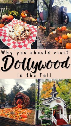 a guide to visiting dollywood in the fall with pictures of pumpkins and other decorations