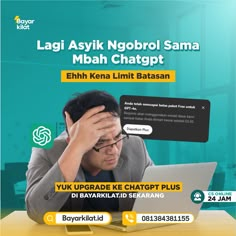 a man sitting in front of a laptop computer on top of a desk with the caption'lagi asik nobori sana mehan chatapt '