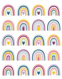 rainbows and hearts are arranged in rows on a white background with the words love