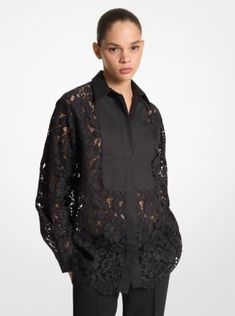 A classic point collar and bib inset add modesty to this sheer floral lace shirt. Finished with crisp cotton cuffs and a scalloped lace hem, it looks as sophisticated with the season’s denim as it does with a bias-cut skirt. Made in Italy. Rich Fashion, Bias Cut Skirt, Denim And Lace, Black Lace Tops, Michael Kors Collection, Lace Hem, Scalloped Lace, Lace Shirt, Floral Shirt