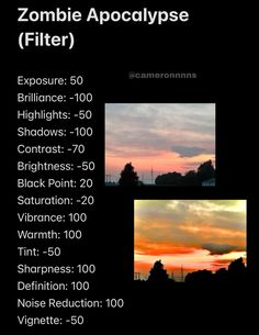 an image of sunsets and clouds with the words zombie apocadypse filterr