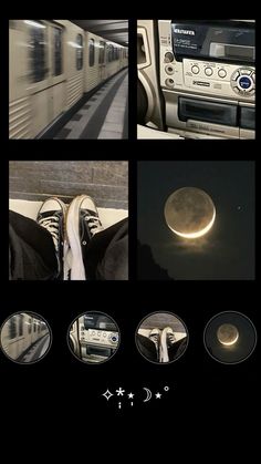 four different shots of a person's feet on the ground and in front of a train