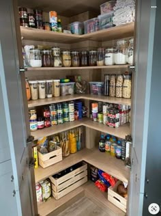 an organized pantry with lots of food in it