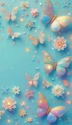 a blue background with lots of butterflies and flowers on it's sides, all in pastel colors