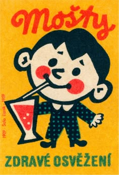 an old postcard with a cartoon character holding a drink in it's mouth