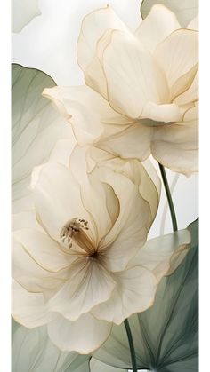 two large white flowers with green leaves in the foreground, against a gray sky