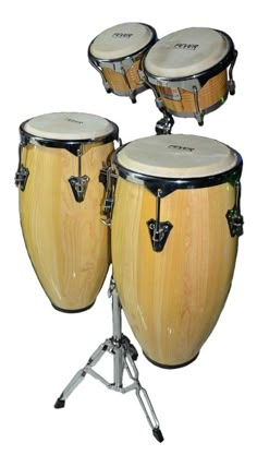 three conga drums sitting on top of a stand