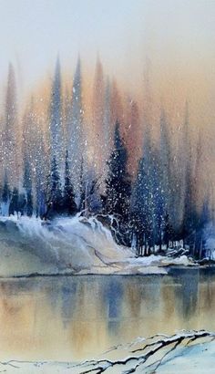 a painting of trees and water in the snow