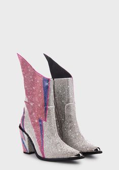 Club Exx Lightning Bolt Rhinestone Cowboy Boots - Multi – Dolls Kill Space Cowboy Fashion, Chunky Cowboy Boots, Crazy Boots, Metallic Clothes, Dolls Kill Boots, Disco Boots, Preppy Boots, Rhinestone Cowboy Boots, Space Shoes