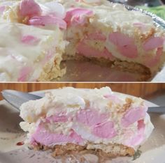 there is a cake with pink and white frosting on the top, and one has a slice taken out of it