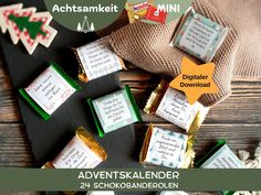 Are you looking for an Advent calendar that will help you practice mindfulness during Advent and at the same time enjoy delicious chocolate with a cup of tea and a good book? Or would you like to make a calendar for your loved one who should use the Christmas season for self-care after a stressful year? Then this download with 24 Christmas-themed wrappers, each with a mindfulness exercise, is just right for you. The bands fit Ritter Sport Mini and Hanuta Mini bars, so every day is a new surprise Make A Calendar, Ritter Sport, Mini Bars, Mindfulness Exercises, Christmas Season, Print Templates, Do It Yourself, Christmas Seasons, The Christmas