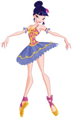 a cartoon girl in a blue and yellow dress with her arms spread out to the side