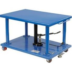 a blue table with wheels on it