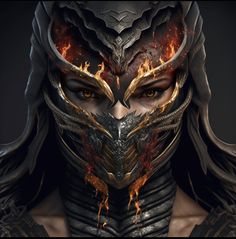 a close up of a person wearing a mask with fire on it's face