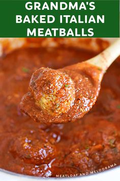 a ladle full of baked meatballs being held by a wooden spoon with the words easy baked meatballs on it