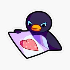 a sticker with a bird holding a heart on it's chest and looking at the viewer