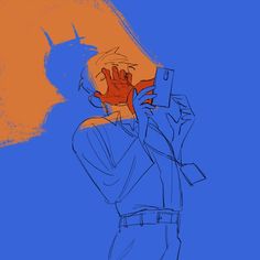 a drawing of a man holding his hand up to his face with an orange and blue background