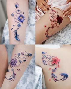 four different images of tattoos on the legs and thighs, one with flowers in it