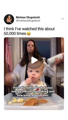 a baby sitting in a highchair with food on it's lap and an adult standing behind him