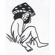 a black and white drawing of a woman sitting in the grass with a mushroom on her head