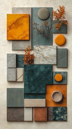 an assortment of different shapes and sizes of tiles on a white wall with orange accents