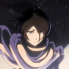 an anime character with black hair and blue eyes, wearing a purple scarf over her head