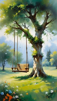 a painting of a tree with a swing hanging from it