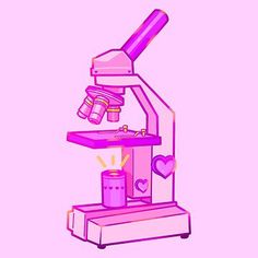 a pink and purple drawing of a microscope with hearts on the bottom, in front of a pink background