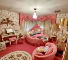 a bedroom with pink furniture and curtains on the windowsills is pictured in this image