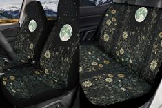 two pictures of the interior of a car with sunflowers and moon on it