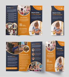 an orange and blue brochure with pictures of children