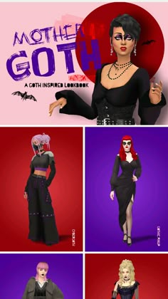 four different images of the same woman in black and red clothing, with text that reads mother