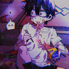 an anime character eating food with chopsticks in his hand and looking at the camera