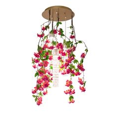 a chandelier with pink flowers hanging from it's sides and green leaves