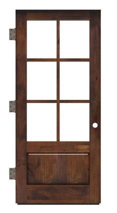 a wooden door with glass panels and metal bars on the bottom half, against a white background