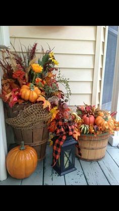 three different pictures of pumpkins and other decorations on a porch with the words fall in front of them