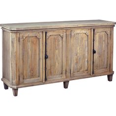 an old wooden sideboard with three doors and two drawers on the bottom, against a white background