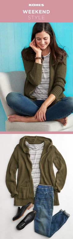 Staying cozy and looking chic aren’t mutually exclusive. Pair a comfy Apt. 9 striped tee with straight-leg jeans. Finish the look with a SONOMA Goods for Life hooded cardigan in trendy olive and a pair of loafer mules. Refresh your spring style at Kohl’s. #winterfashion #weekendvibes Mules Outfit Winter, Layering Sweaters, Cozy Cardigan, Loafer Mules, Hooded Cardigan, Spring Style, Jeans Black, Fall Winter Outfits, Striped Tee