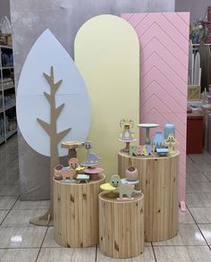 there are wooden toys on display in the store